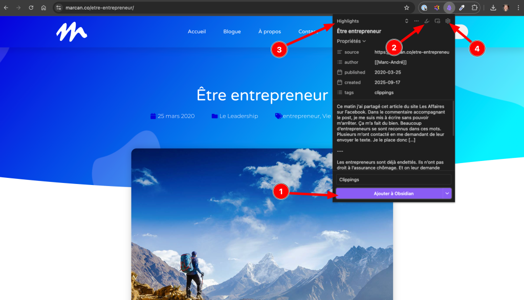 Options de l'extension pour navigateur Obsidian Web Clipper