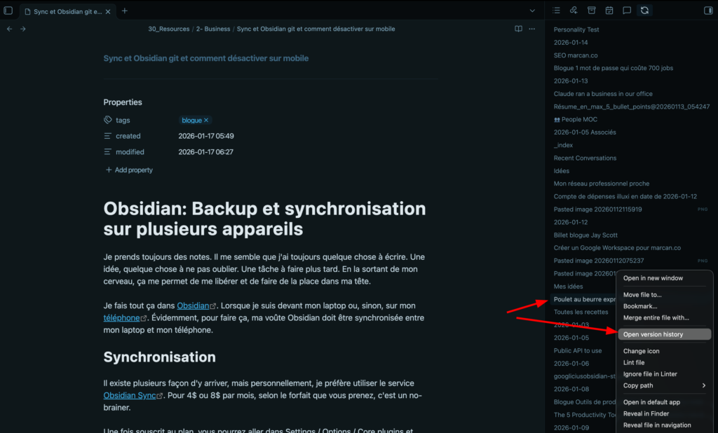 Obsidian voir l'historique d'un fichier