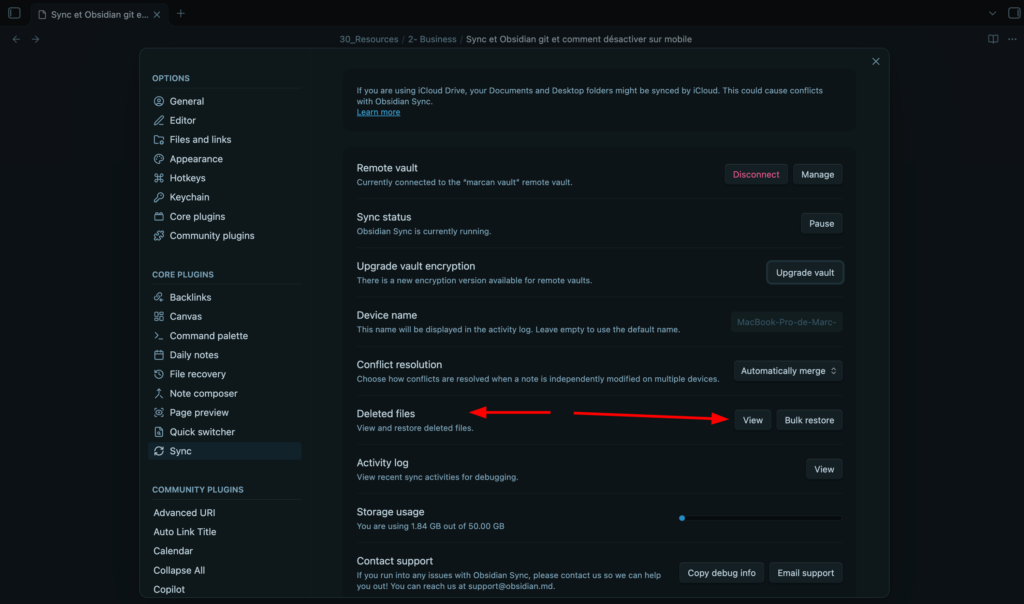 Obsidian retrouver une note supprimée